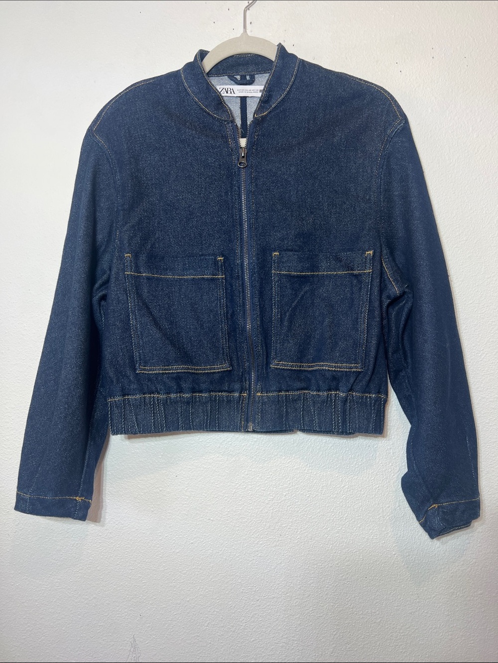 Zara Dark Blue Denim Bomber Jacket Size XS